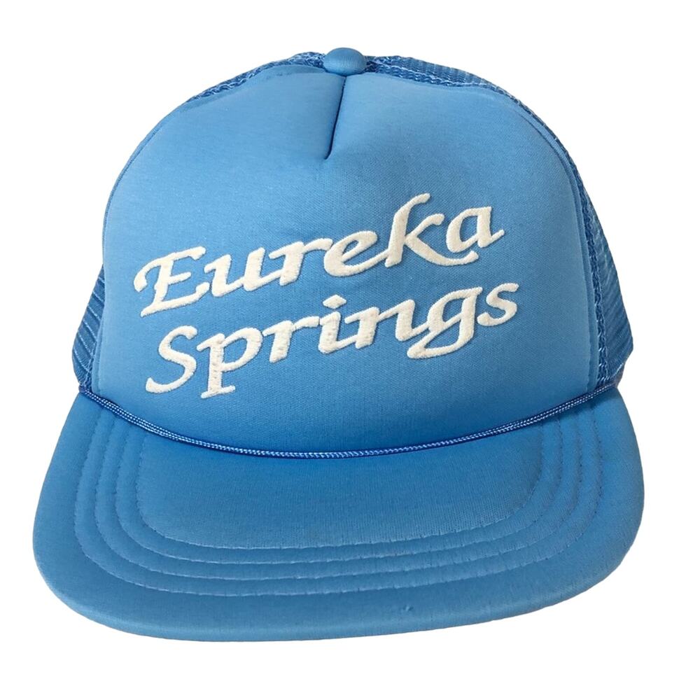 Vintage Trucker Hat Eureka Springs Polyester, Blue Script 1970s 1980s Deadstock